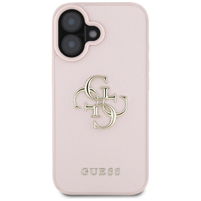 Guess grūdėtas dėklas iPhone 16 su 4G ir klasikiniu logotipu (rožinis)