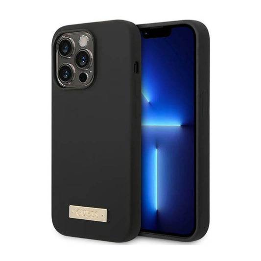 Guess Silicone Logo Plate MagSafe – dėklas, skirtas iPhone 14 Pro Max (juodas)