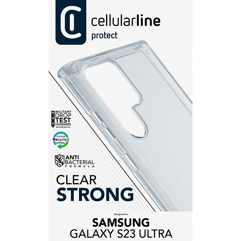 Cellularline Clear Strong – Samsung Galaxy S23 Ultra dėklas su antibakterine apsauga (skaidrus)