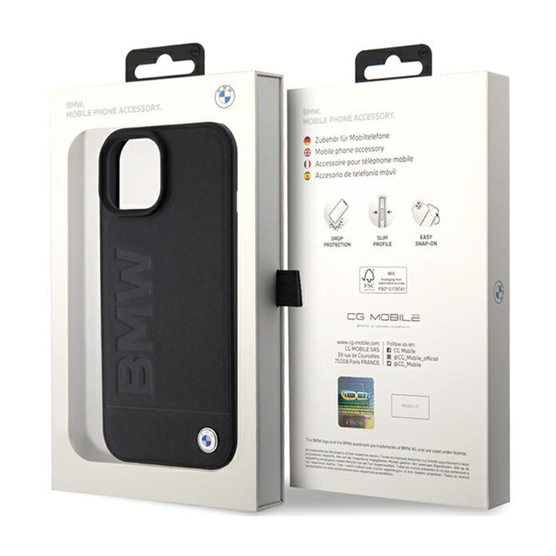 BMW Leather Hot Stamp MagSafe – dėklas, skirtas iPhone 15 Plus (juodas)