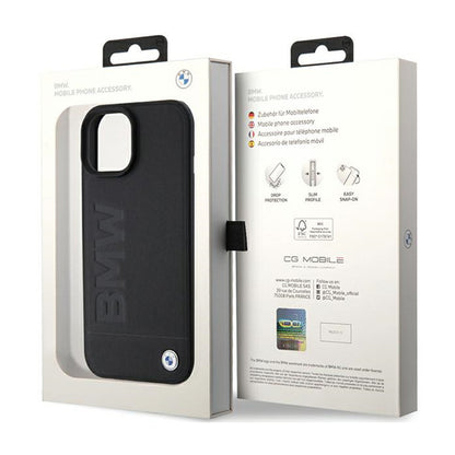 BMW Leather Hot Stamp MagSafe – dėklas, skirtas iPhone 15 Plus (juodas)