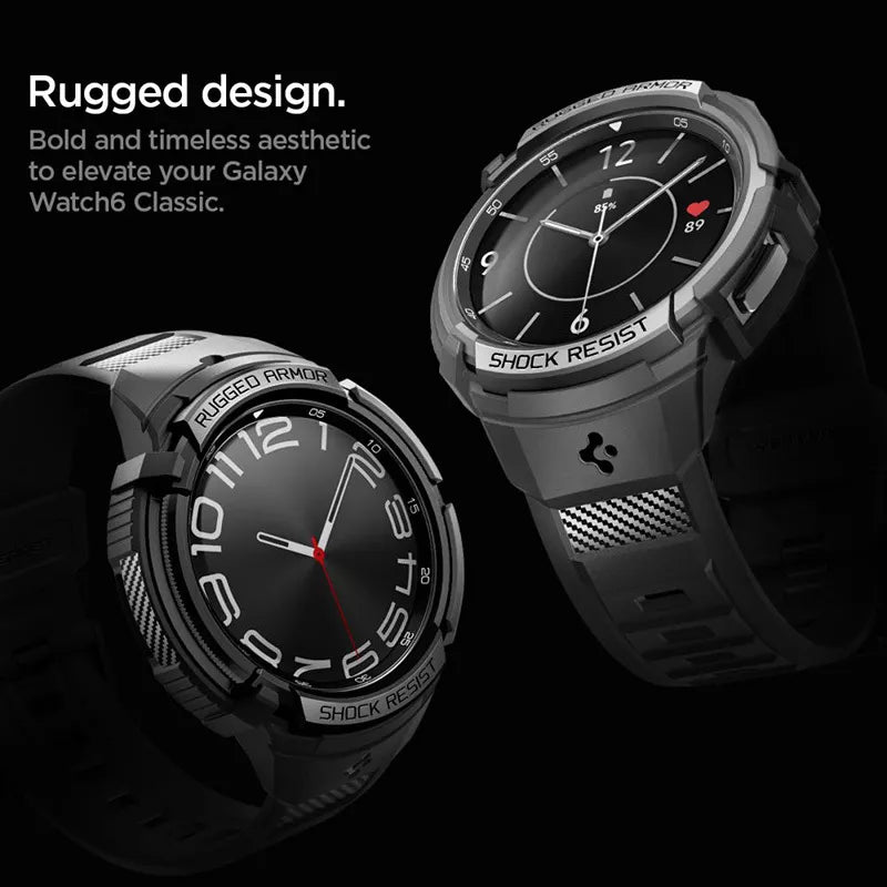 Spigen Rugged Armor Pro - dirželis + dėklas, skirtas „Samsung Galaxy Watch 6 Classic 47 mm“ (juoda)