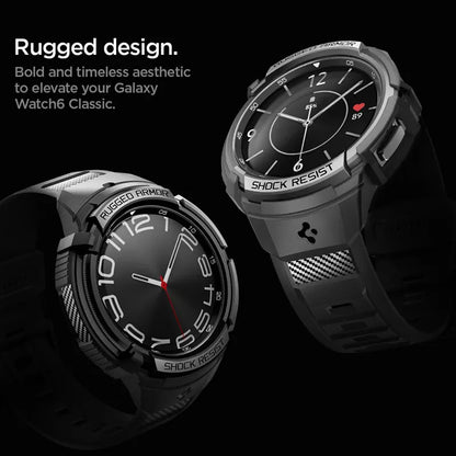 Spigen Rugged Armor Pro - dirželis + dėklas, skirtas „Samsung Galaxy Watch 6 Classic 47 mm“ (juoda)