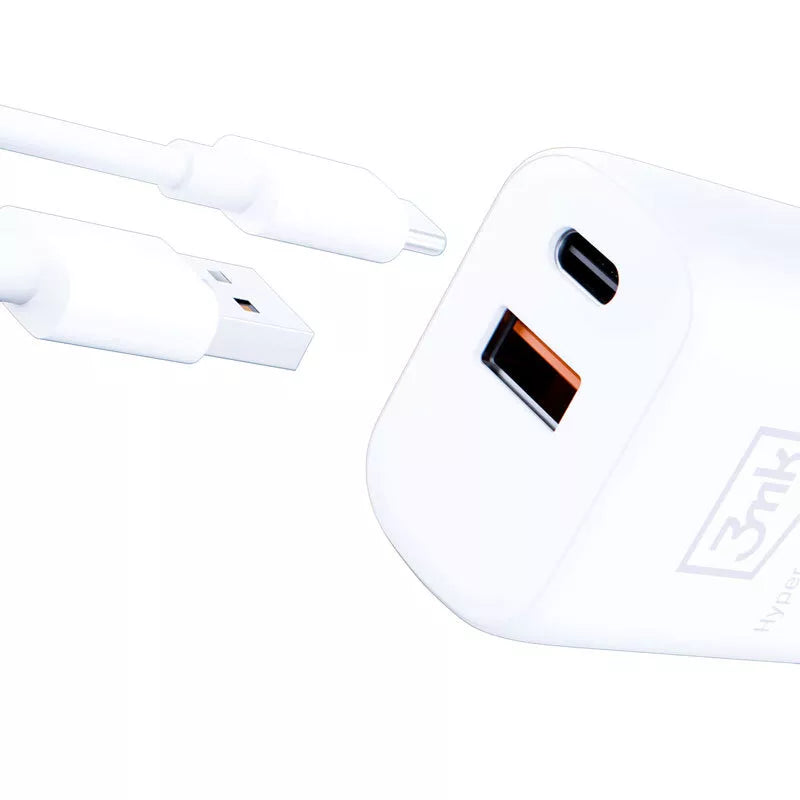 3mk Hyper Charger – USB-A QC 3.0 + USB-C PD 20W sieninis įkroviklis (baltas)