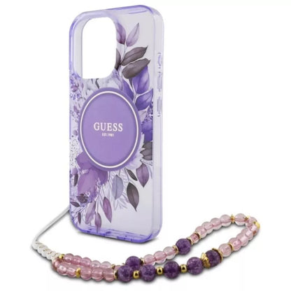 Guess IML Gėlės su perlo dirželiu MagSafe dėklas, skirtas iPhone 16 Pro (Violetinė)