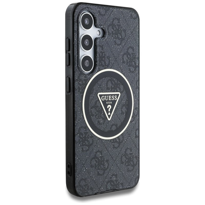 Guess 4G Glitter Triangle Buttons MagSafe – dėklas, skirtas Samsung Galaxy S25+ (juodas)