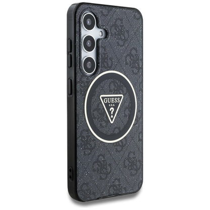 Guess 4G Glitter Triangle Buttons MagSafe – dėklas, skirtas Samsung Galaxy S25+ (juodas)