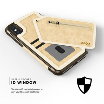 Zizo Nebula piniginės dėklas - piniginės nugarėlė ir užtrauktuko krepšelis su grūdinto stiklo ekrano apsauga iPhone X (rusvos/rudas)