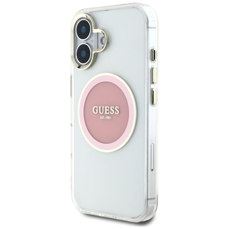 Guess IML Metal Colored Circle Classic Logo MagSafe – dėklas iPhone 16 (rožinis)