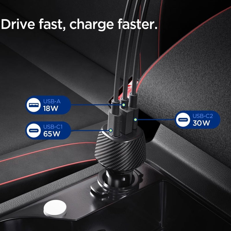 Spigen Essential EV1133 – Automobilinis įkroviklis, 2xUSB-C PD & USB-A QC3.0 113W + 100W USB-C laidas 1m (juodas)