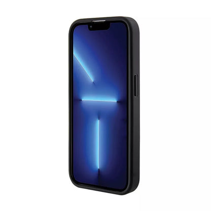 Guess Grip Stand 4G Saffiano Strass Logo – „iPhone 15 Pro“ dėklas (juodas)