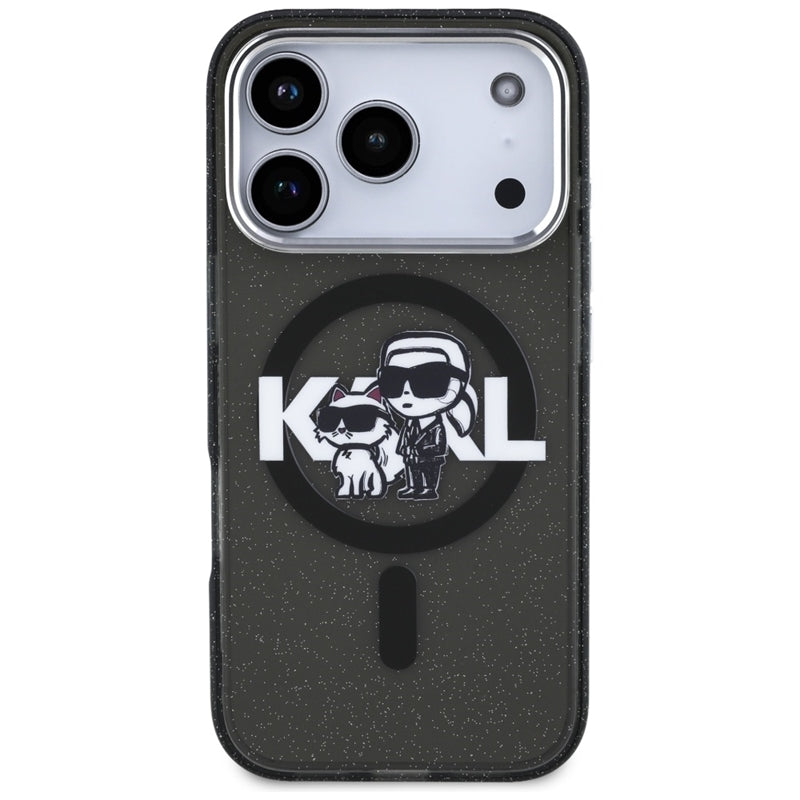 Karl Lagerfeld IML Blizgantis Karl & Choupette eskizo logotipas MagSafe - Dėklas iPhone 17 Pro (Juodas)