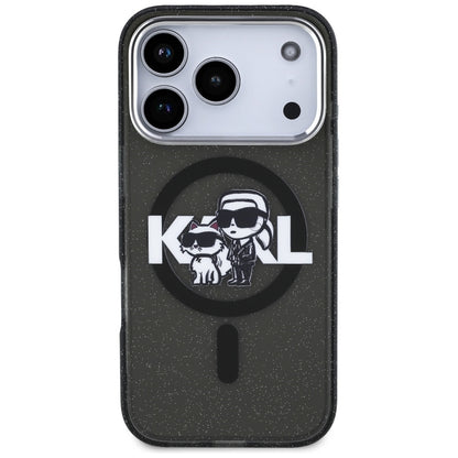 Karl Lagerfeld IML Blizgantis Karl & Choupette eskizo logotipas MagSafe - Dėklas iPhone 17 Pro (Juodas)