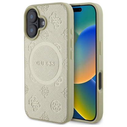 Guess Saffiano Peony Classic Logo MagSafe - dėklas skirtas iPhone 16 (auksinis)
