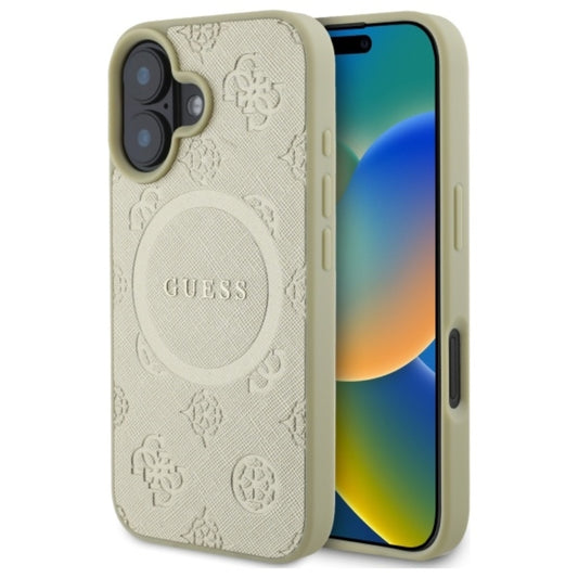 Guess Saffiano Peony Classic Logo MagSafe - dėklas skirtas iPhone 16 (auksinis)