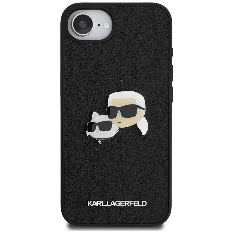 Karl Lagerfeld Dėklas iPhone 16e (juodas) su fiksuotais Karl & Choupette galvų metalo smeigtukais su blizgučiais