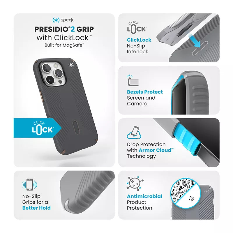 Speck Presidio2 Grip ClickLock & MagSafe – dėklas iPhone 16 Pro (Charcoal Grey / Cool Bronze / White)