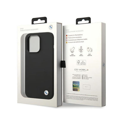 BMW silikono dėklas su metaliniu logotipu – skirtas iPhone 15 Pro Max (juodas)