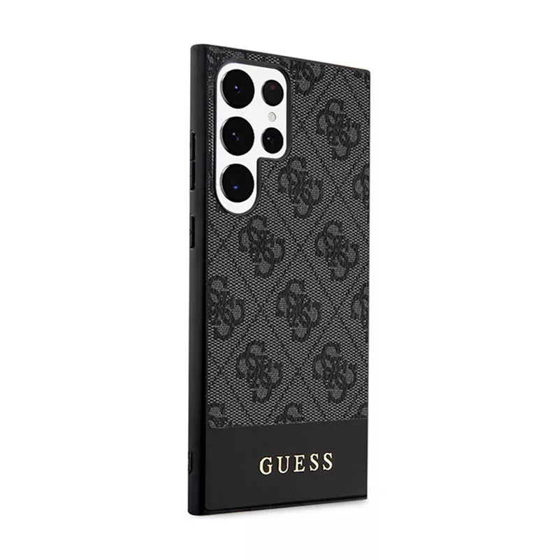 Guess 4G Bottom Stripe Metal Logo kolekcija – dėklas Samsung Galaxy S24 Ultra (juodas)