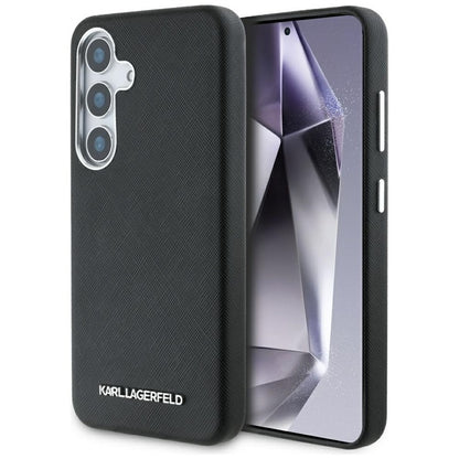 Karl Lagerfeld Saffiano Full Wrapped Elongated Metal Logo MagSafe – dėklas Samsung Galaxy S25 (juodas)
