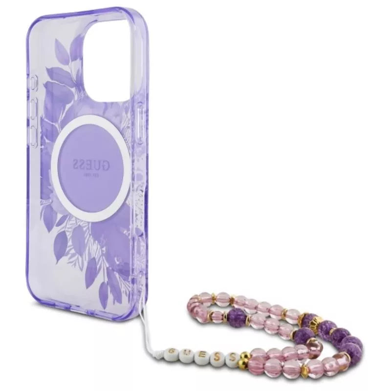 Guess IML Gėlės su perlo dirželiu MagSafe dėklas, skirtas iPhone 16 Pro (Violetinė)