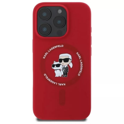 Karl Lagerfeld Silicone Karl & Choupette Ring MagSafe – dėklas iPhone 16 Pro (raudonas)