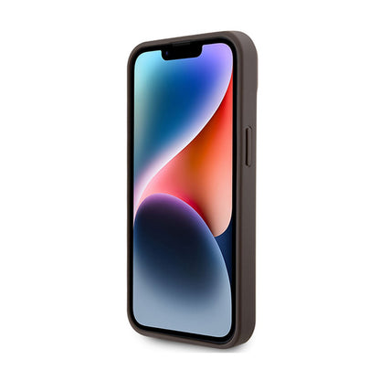 Guess Crossbody 4G metalinis logotipas – iPhone 15 dėklas (rudas)