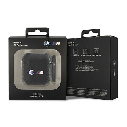 BMW Carbon dvigubas metalo logotipas – dėklas „AirPods 1/2 gen“ (juodas)