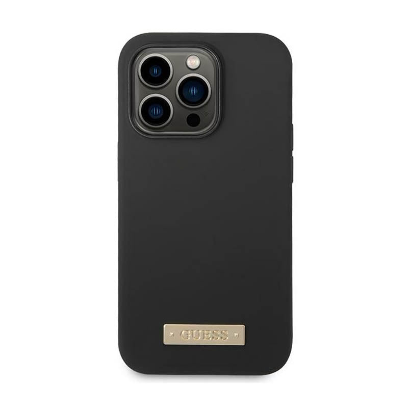 Guess Silicone Logo Plate MagSafe – dėklas, skirtas iPhone 14 Pro Max (juodas)