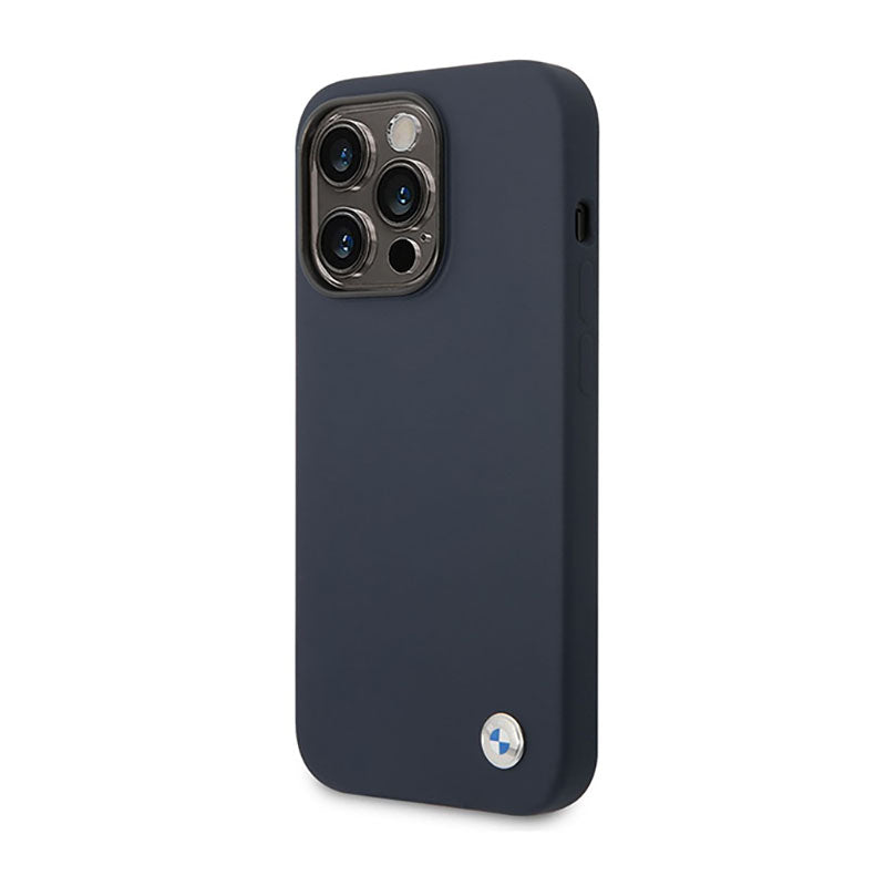 BMW skysto silikono dėklas su metaliniu logotipu MagSafe – dėklas, skirtas iPhone 14 Pro (tamsiai mėlynas)