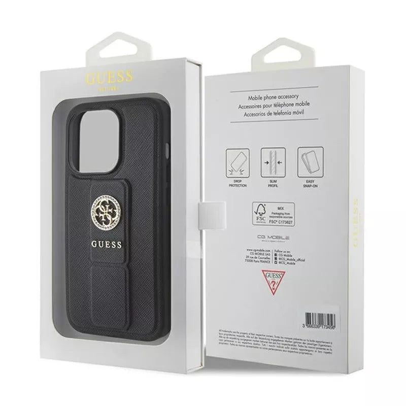 Guess Grip Stand 4G Saffiano Strass Logo – „iPhone 15 Pro“ dėklas (juodas)