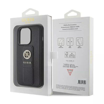 Guess Grip Stand 4G Saffiano Strass Logo – „iPhone 15 Pro“ dėklas (juodas)