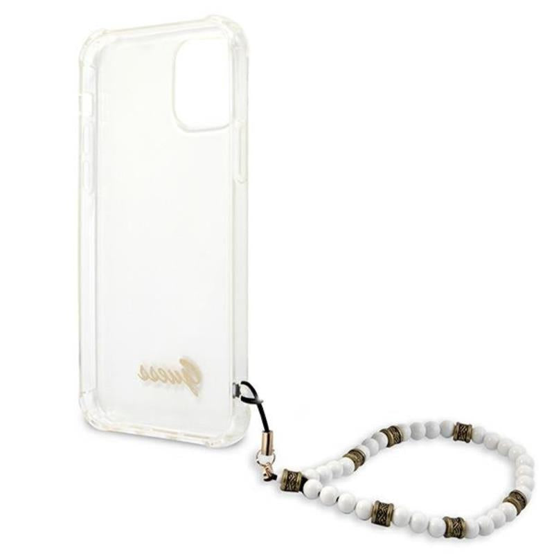 Guess White Pearl dirželis – dėklas „iPhone 12“ / „iPhone 12 Pro“ (skaidrus)