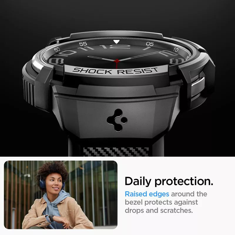 Spigen Rugged Armor Pro - dirželis + dėklas, skirtas „Samsung Galaxy Watch 6 Classic 47 mm“ (juoda)