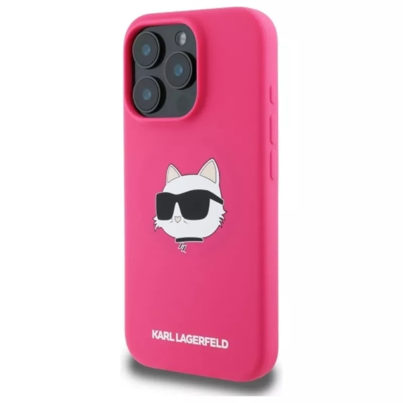 Karl Lagerfeld Silikoninis Choupette galvos atspaudas MagSafe - Dėklas iPhone 16 Pro (fuksijų spalvos)