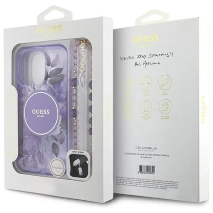 Guess IML Gėlės su perlo dirželiu MagSafe dėklas, skirtas iPhone 16 Pro (Violetinė)