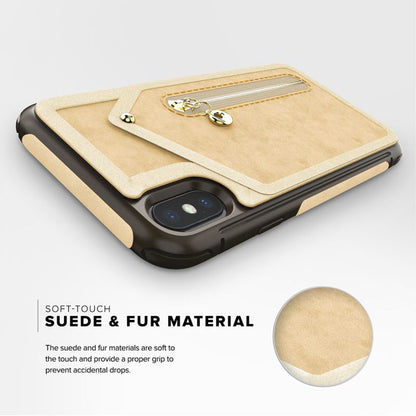 Zizo Nebula piniginės dėklas - piniginės nugarėlė ir užtrauktuko krepšelis su grūdinto stiklo ekrano apsauga iPhone X (rusvos/rudas)