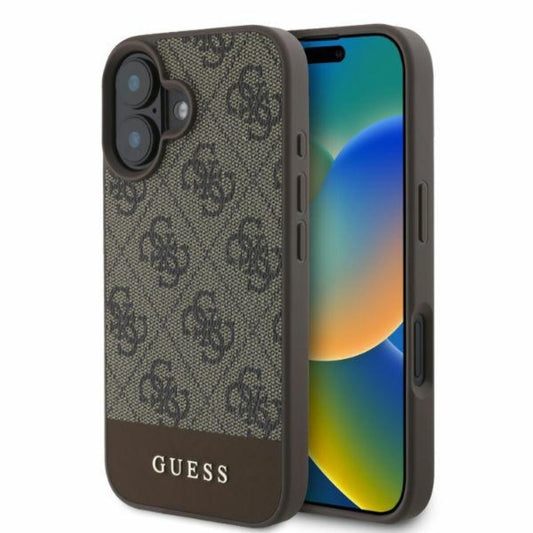 Guess 4G Apatinis dryžuotas dėklas, skirtas iPhone 16 (rudas)