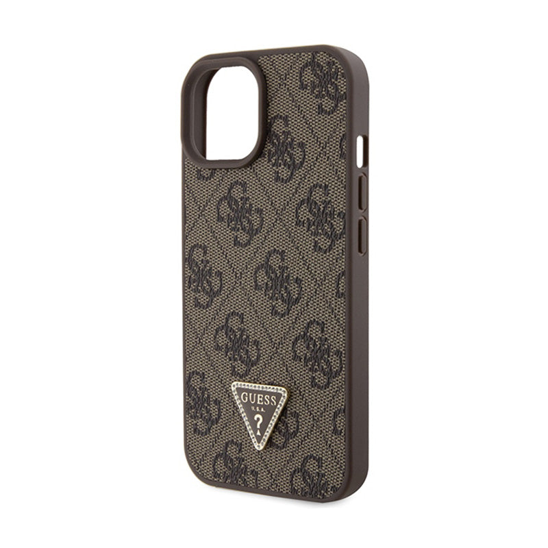 Guess Crossbody 4G metalinis logotipas – iPhone 15 dėklas (rudas)