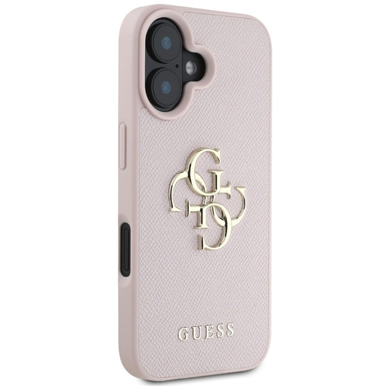 Guess grūdėtas dėklas iPhone 16 su 4G ir klasikiniu logotipu (rožinis)