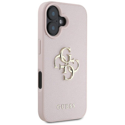 Guess grūdėtas dėklas iPhone 16 su 4G ir klasikiniu logotipu (rožinis)