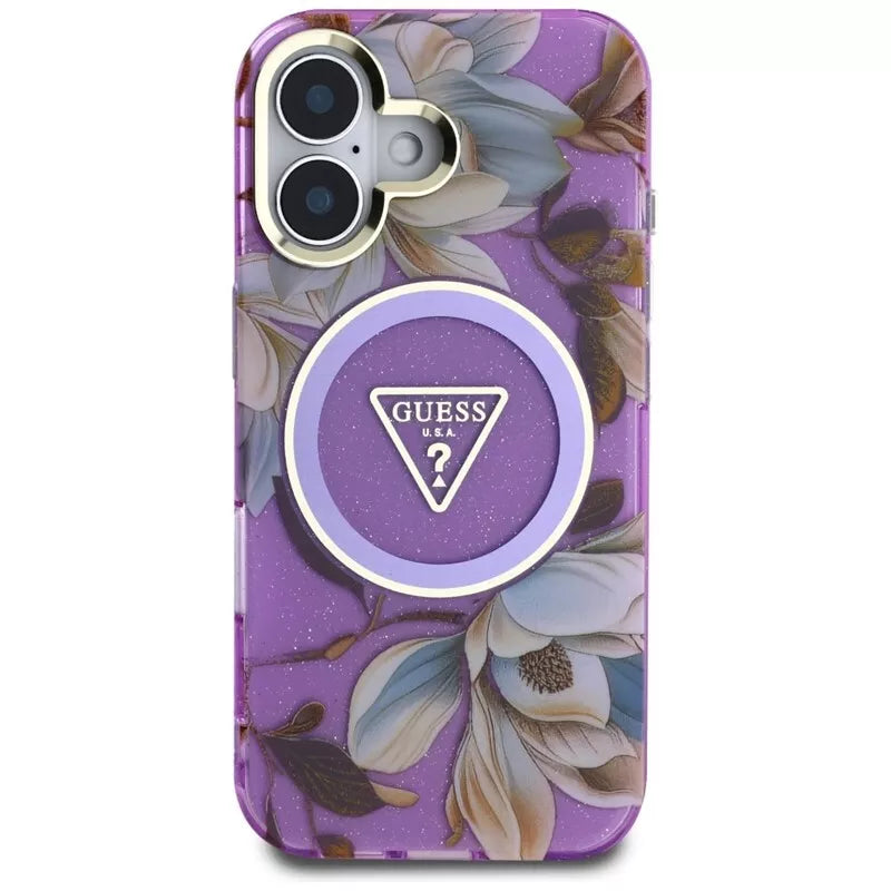 Guess Glitter Flowers Triangle Buttons MagSafe – dėklas, skirtas iPhone 16 (violetinė)