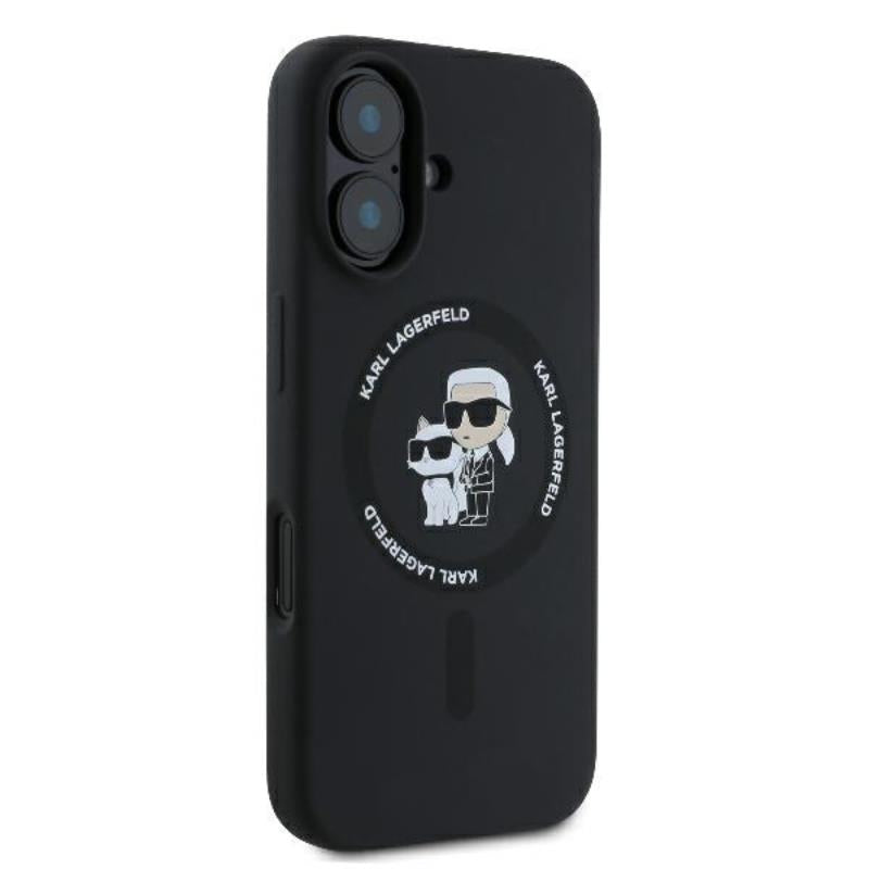Karl Lagerfeld Silikoninis dėklas su Karl & Choupette motyvu ir MagSafe žiedu, skirtas iPhone 16 Plus (juodas)