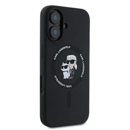 Karl Lagerfeld Silikoninis dėklas su Karl & Choupette motyvu ir MagSafe žiedu, skirtas iPhone 16 Plus (juodas)
