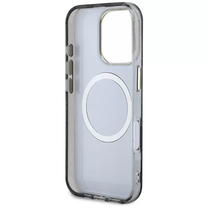 Guess Glitter Flowers Triangle Buttons MagSafe - Dėklas iPhone 16 Pro (juodas)