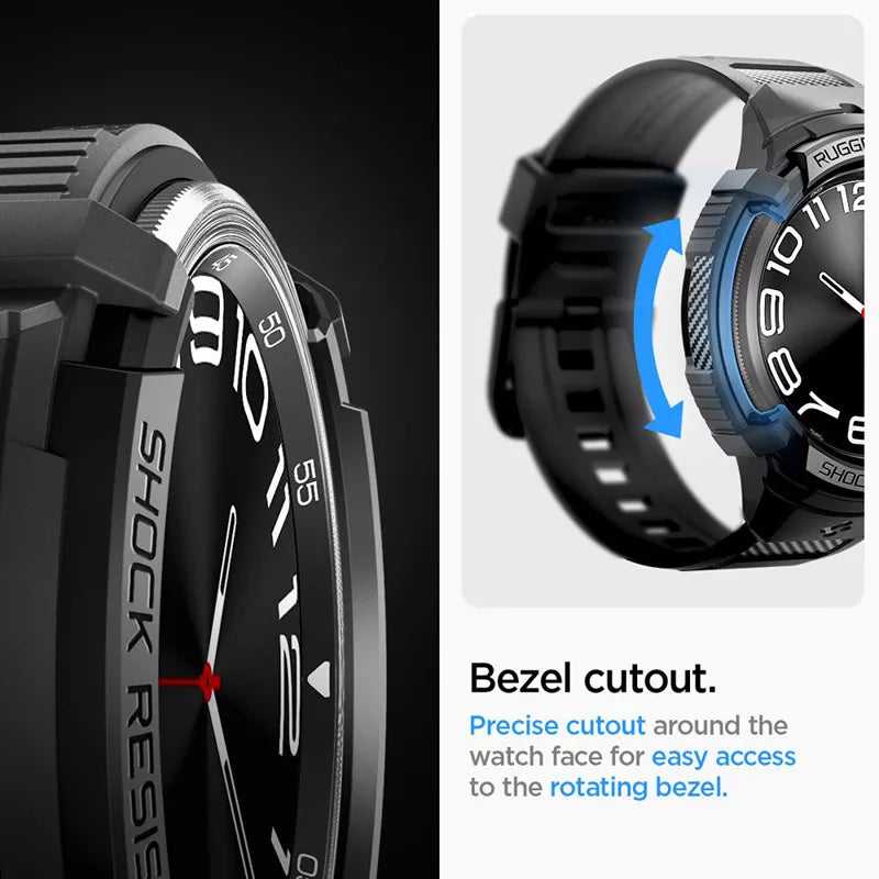 Spigen Rugged Armor Pro - dirželis + dėklas, skirtas „Samsung Galaxy Watch 6 Classic 47 mm“ (juoda)