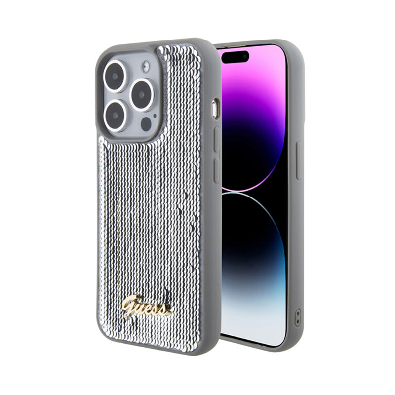 Guess Sequin Script Metal – dėklas iPhone 15 Pro (sidabras)