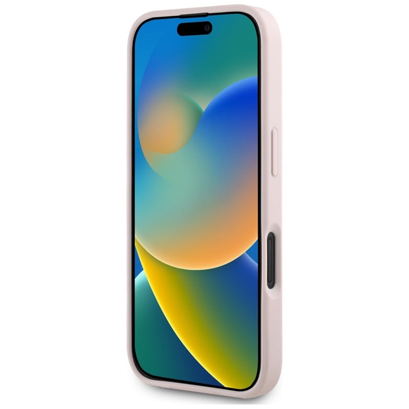 Guess grūdėtas dėklas iPhone 16 su 4G ir klasikiniu logotipu (rožinis)