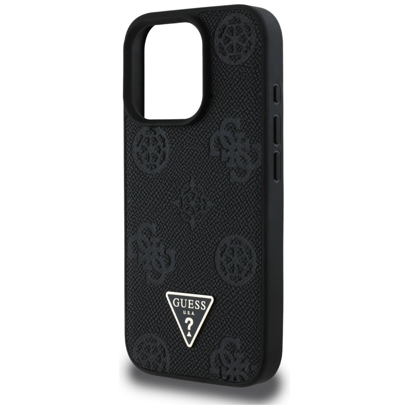 Guess Grained Hot Stamp Peony Triangle Logo MagSafe - dėklas skirtas iPhone 16 Pro (juodas)