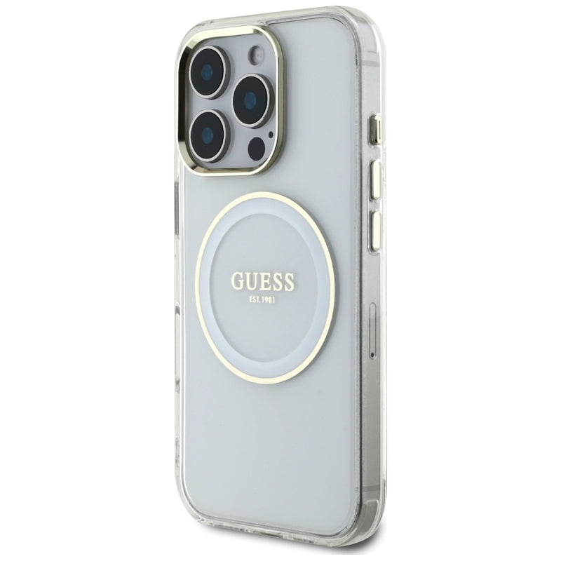 Guess IML Metal Colored Circle Classic Logo MagSafe – dėklas, skirtas iPhone 16 Pro (baltas)